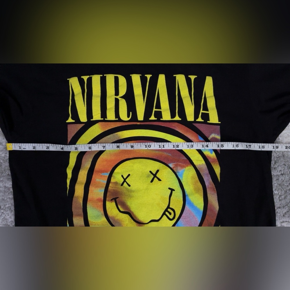 Nirvana Smiley Face Tie Dye Graphic T-Shirt Women’s Medium Black 90’s Grunge - Picture 4 of 5